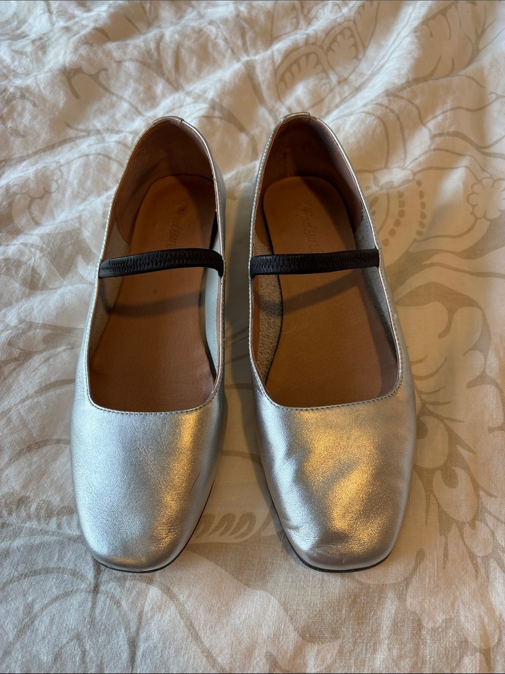 Silver Mary Jane Flats with Black Elastic Strap